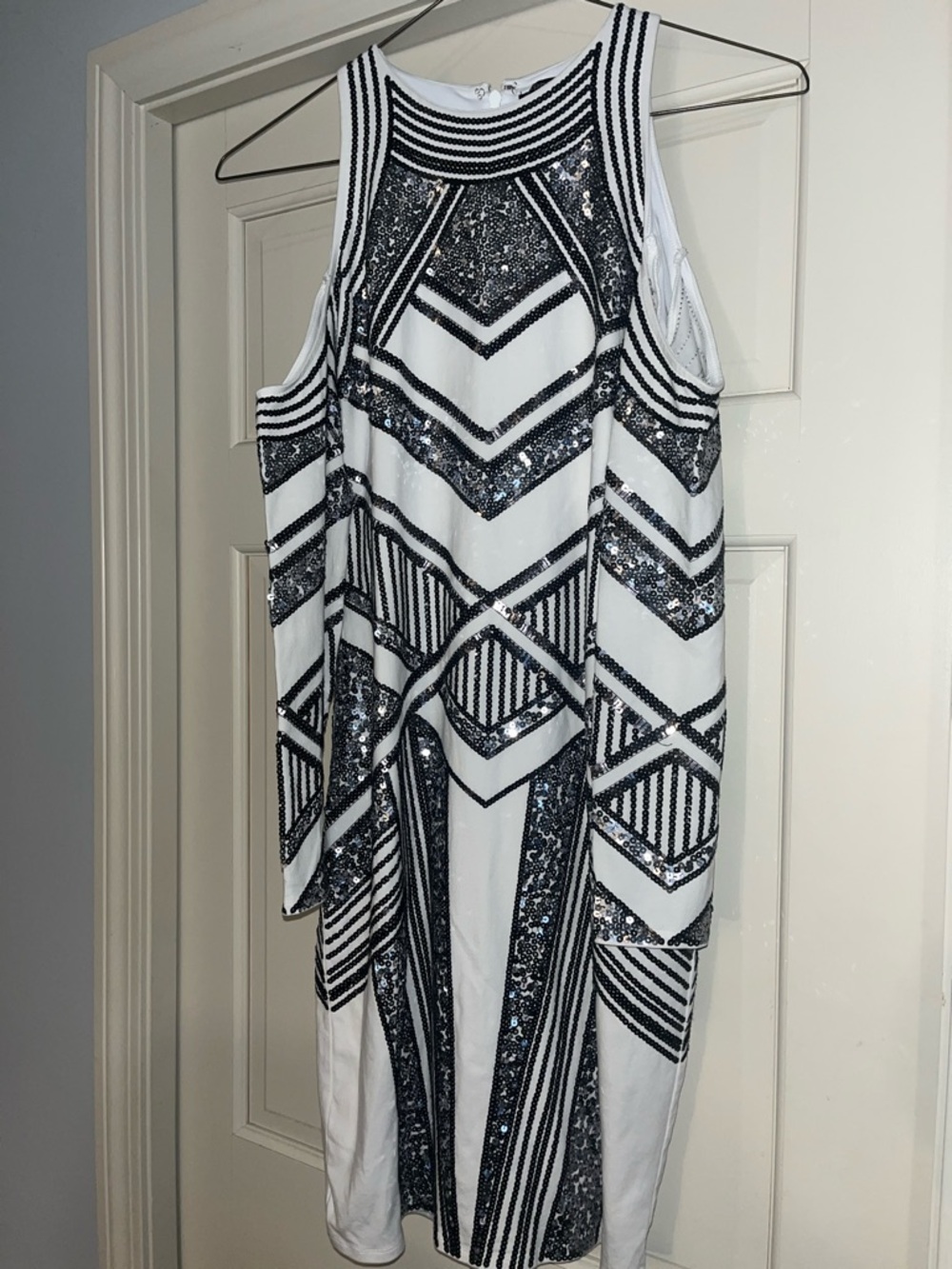 Express Sequined Black & White Cold-Shoulder Dress